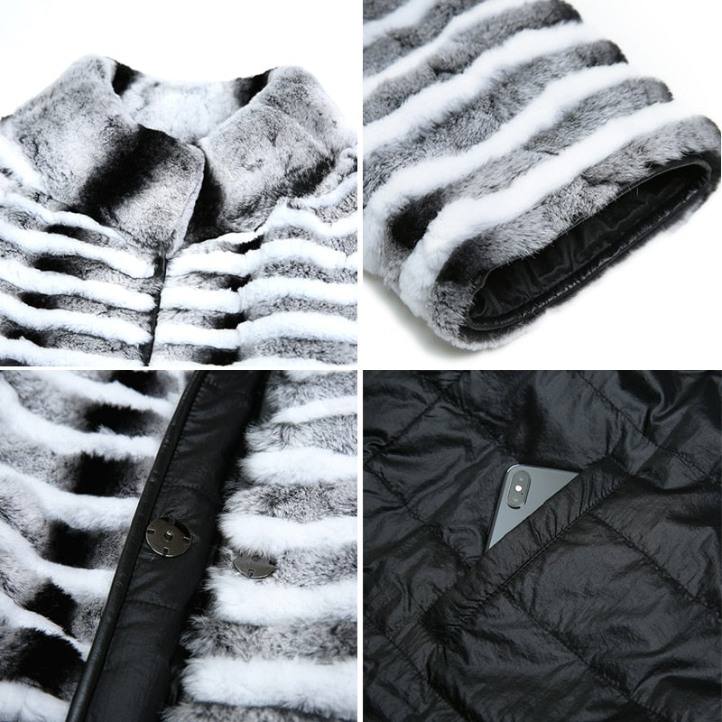 Women's Natural Rex Rabbit Fur Down Two-Side Wear Long Winter Jacket