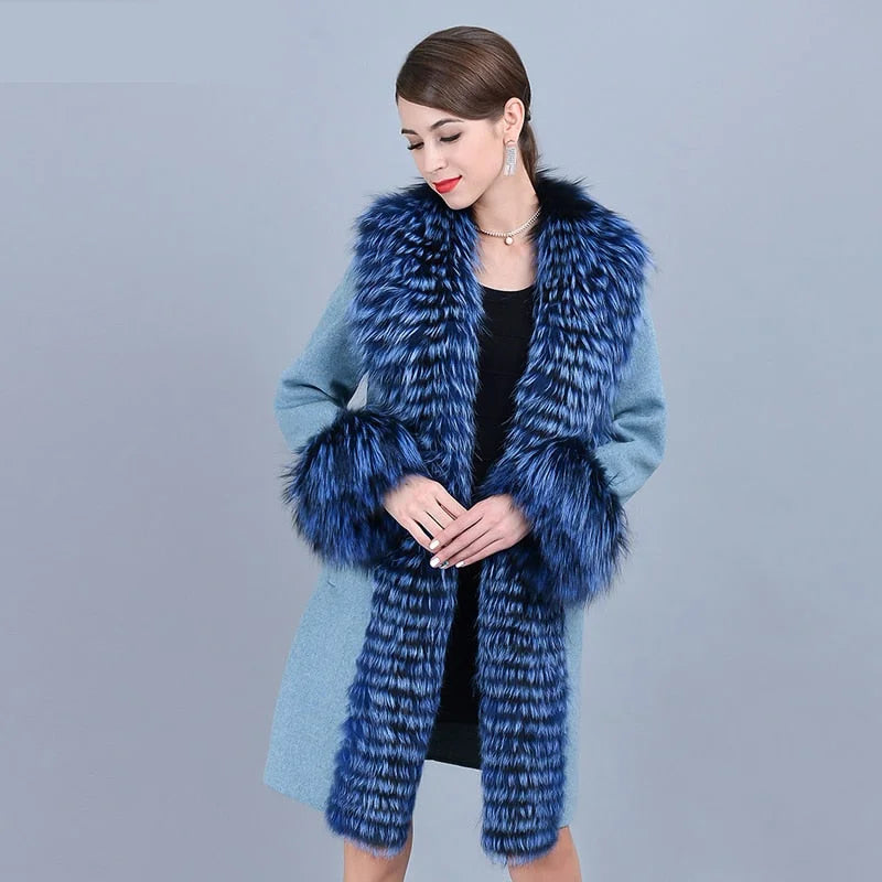 Women's Real Fox Fur Batwing Sleeves Winter Warm Knitted Jackets