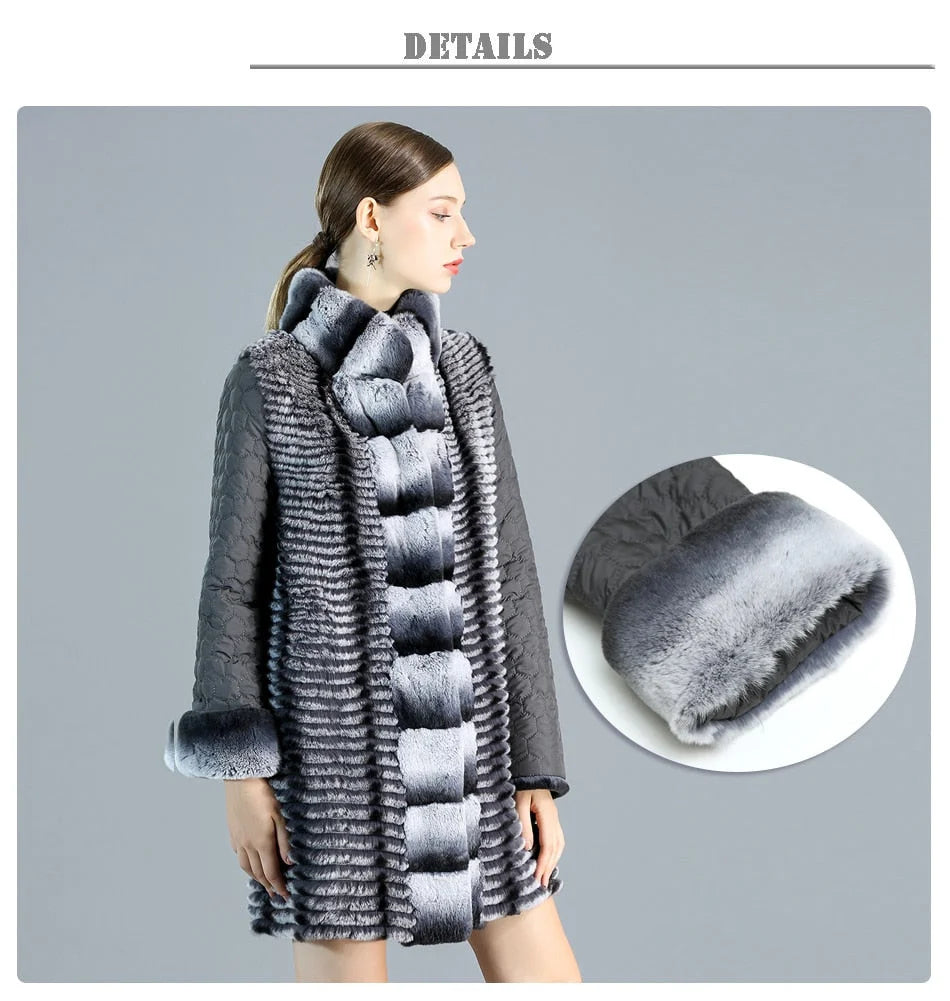 Women's Real Rex Rabbit Fur Down Cotton Wide-waisted Jacket for Winter