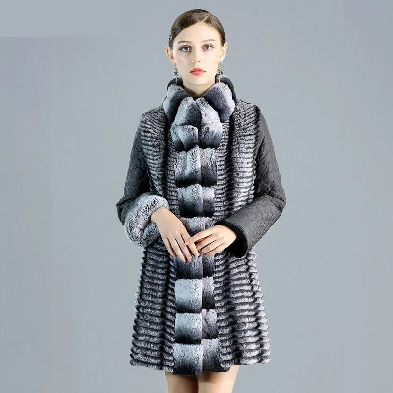 Women's Real Rex Rabbit Fur Down Cotton Wide-waisted Jacket for Winter