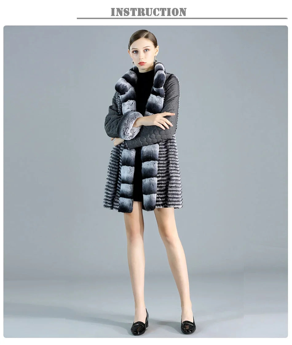 Women's Real Rex Rabbit Fur Down Cotton Wide-waisted Jacket for Winter