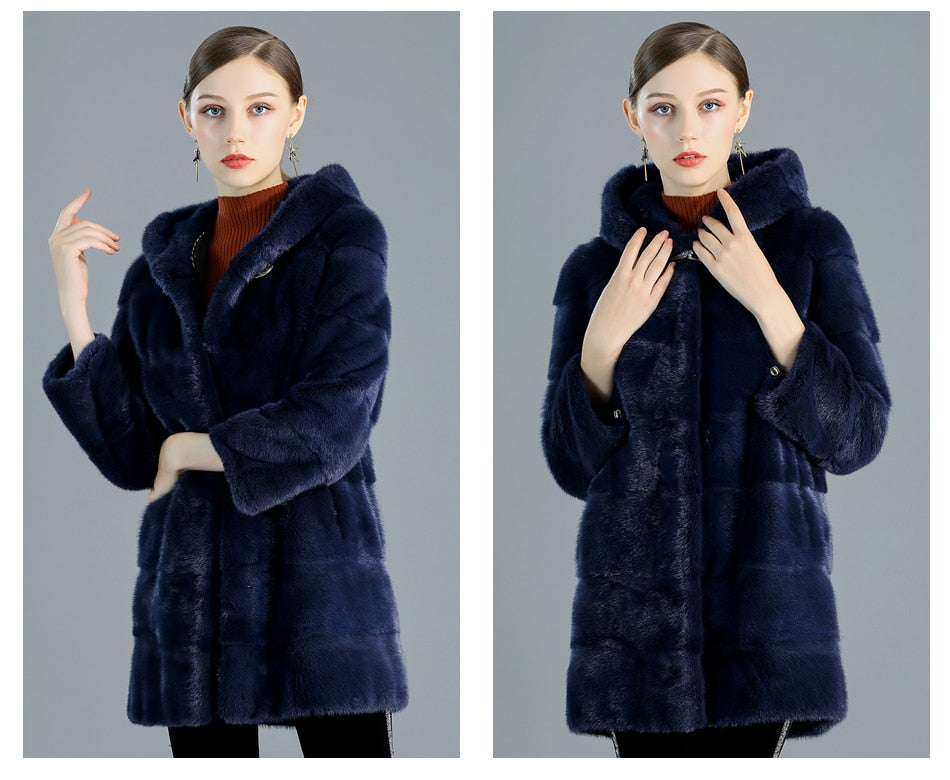 Women's Slim Type Thick Warm Real Mink Fur Winter Jacket with Hood