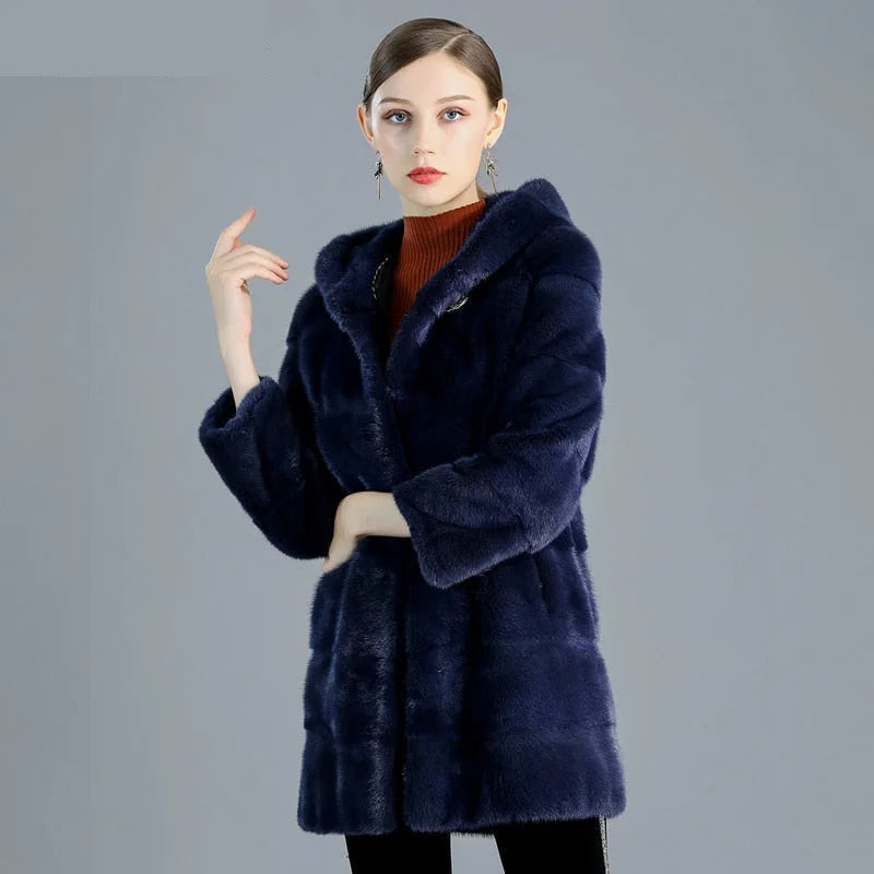 Women's Slim Type Thick Warm Real Mink Fur Winter Jacket with Hood