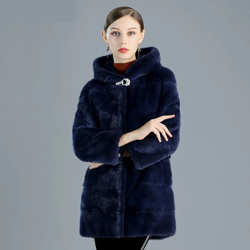 Women's Slim Type Thick Warm Real Mink Fur Winter Jacket with Hood