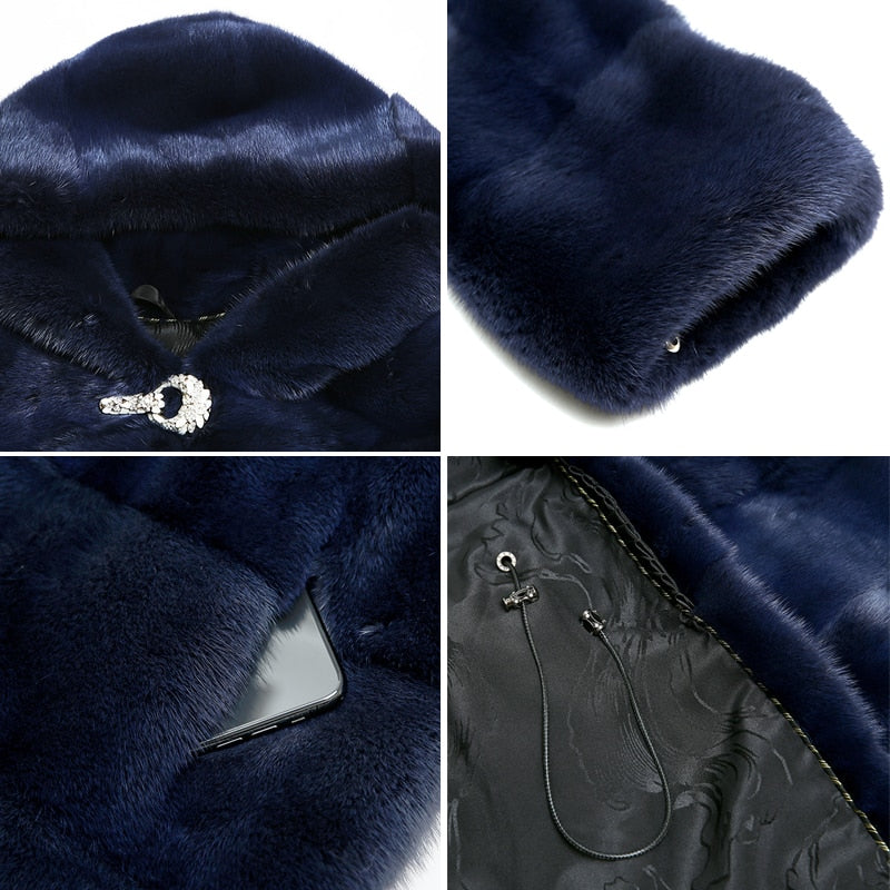 Women's Slim Type Thick Warm Real Mink Fur Winter Jacket with Hood