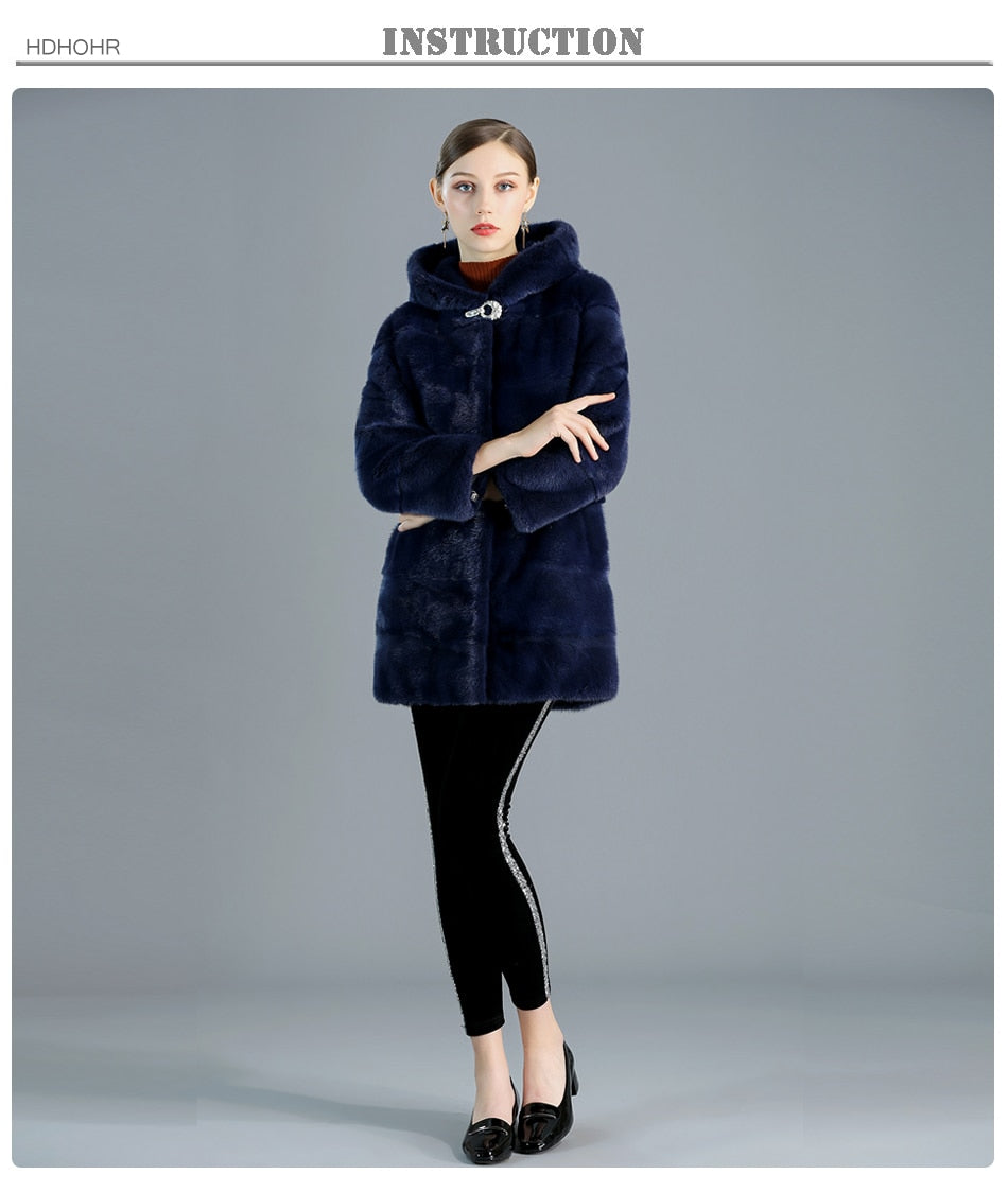 Women's Slim Type Thick Warm Real Mink Fur Winter Jacket with Hood