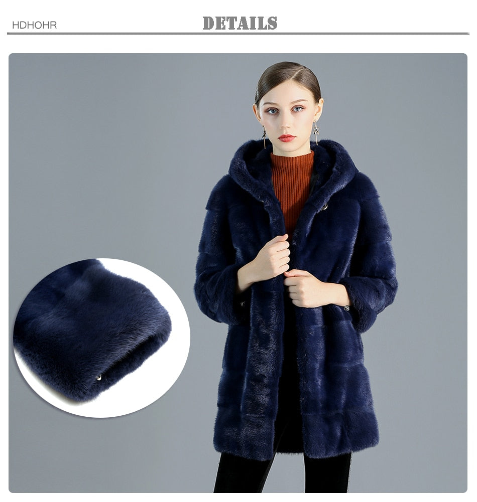 Women's Slim Type Thick Warm Real Mink Fur Winter Jacket with Hood