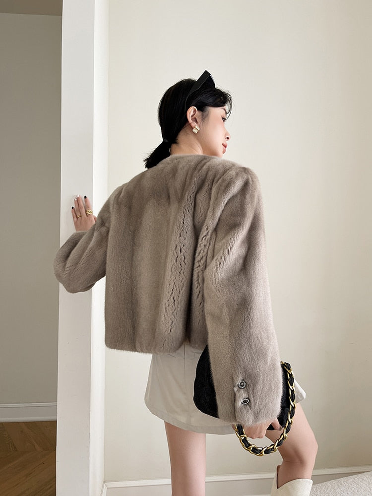 Women's Solid Pattern Warm Natural Mink Fur Slim Winter Jacket Outwear