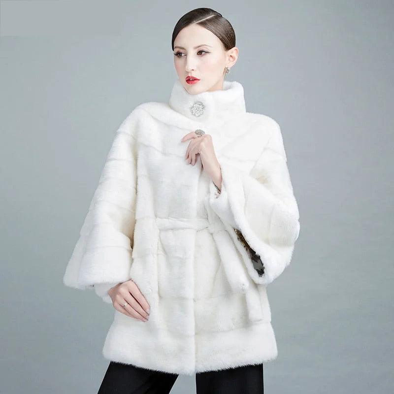 Women's White Natural Mink Fur Stripe Thick Winter Jackets with Belt