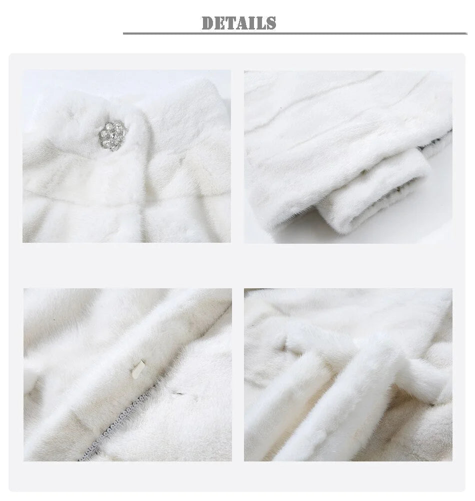 Women's White Natural Mink Fur Stripe Thick Winter Jackets with Belt