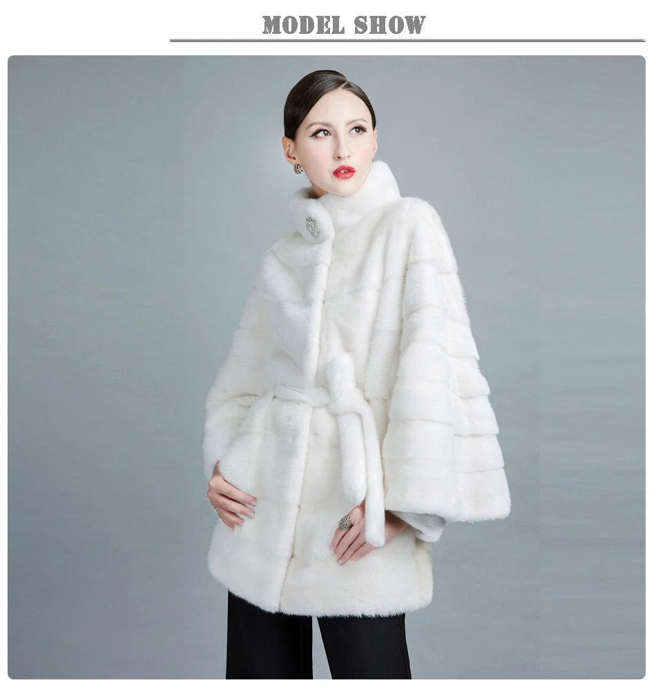 Women's White Natural Mink Fur Stripe Thick Winter Jackets with Belt