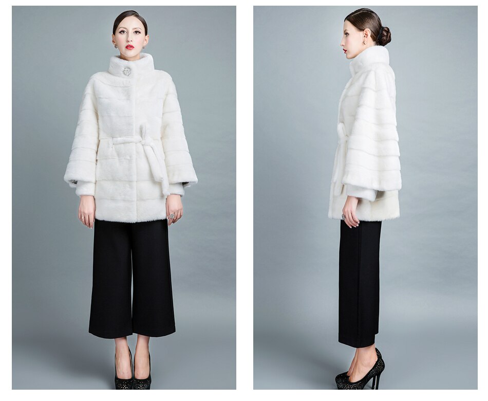 Women's White Natural Mink Fur Stripe Thick Winter Jackets with Belt