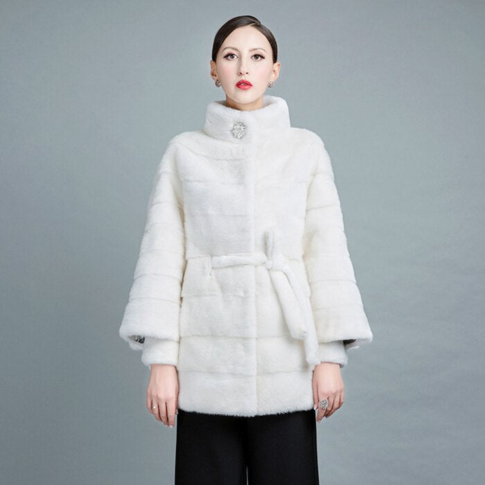 Women's White Natural Mink Fur Stripe Thick Winter Jackets with Belt