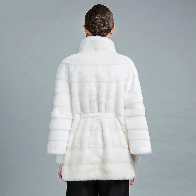 Women's White Natural Mink Fur Stripe Thick Winter Jackets with Belt