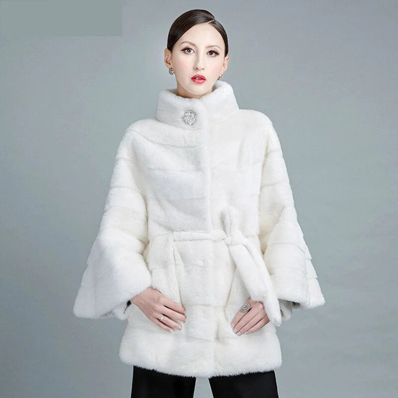 Women's White Natural Mink Fur Stripe Thick Winter Jackets with Belt