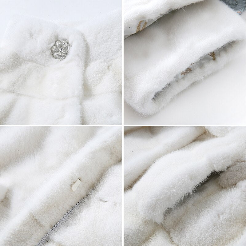 Women's White Natural Mink Fur Stripe Thick Winter Jackets with Belt