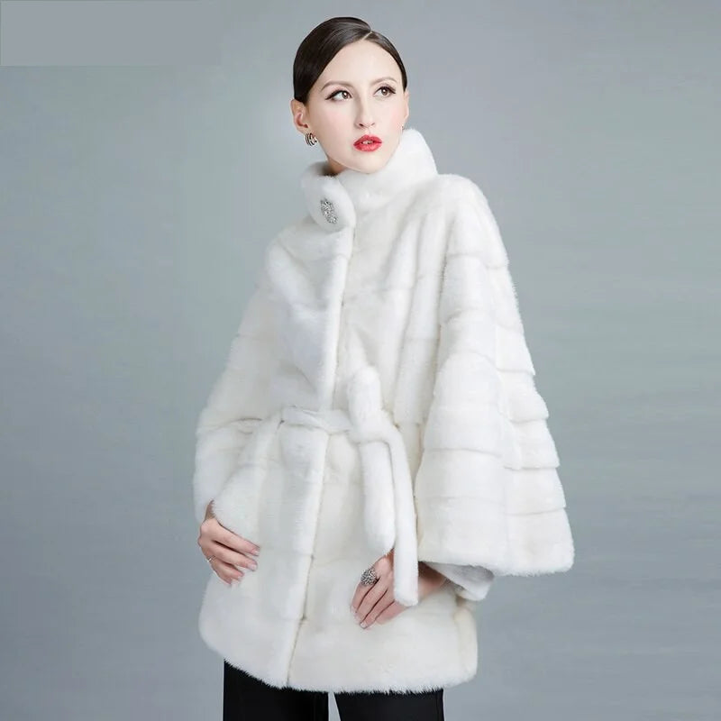 Women's White Natural Mink Fur Stripe Thick Winter Jackets with Belt