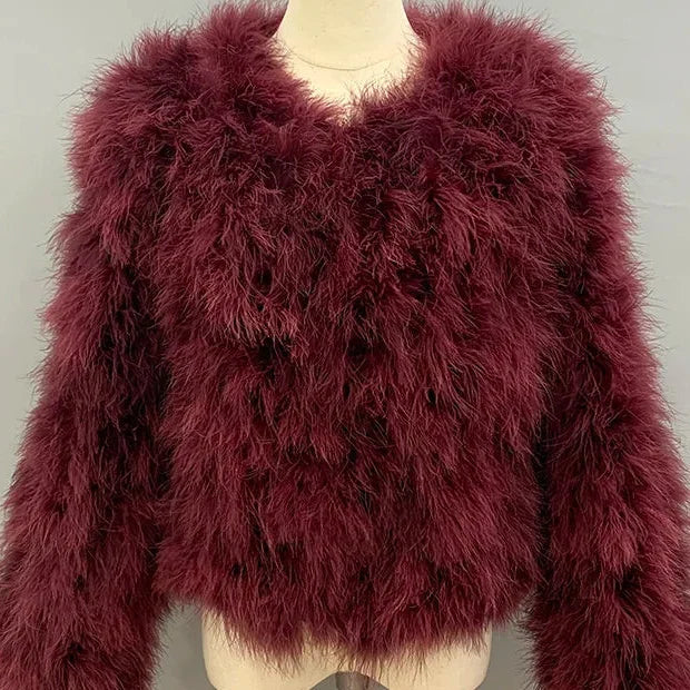 Women's Wine Red Furry Long Sleeve Casual Short Winter Jacket