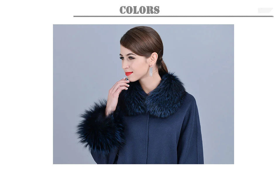 Women's Winter Cashmere Genuine Natural Real Fox Fur Sleeve Collar Jacket