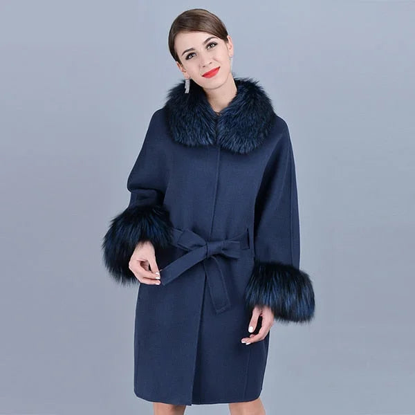 Women's Winter Cashmere Genuine Natural Real Fox Fur Sleeve Collar Jacket