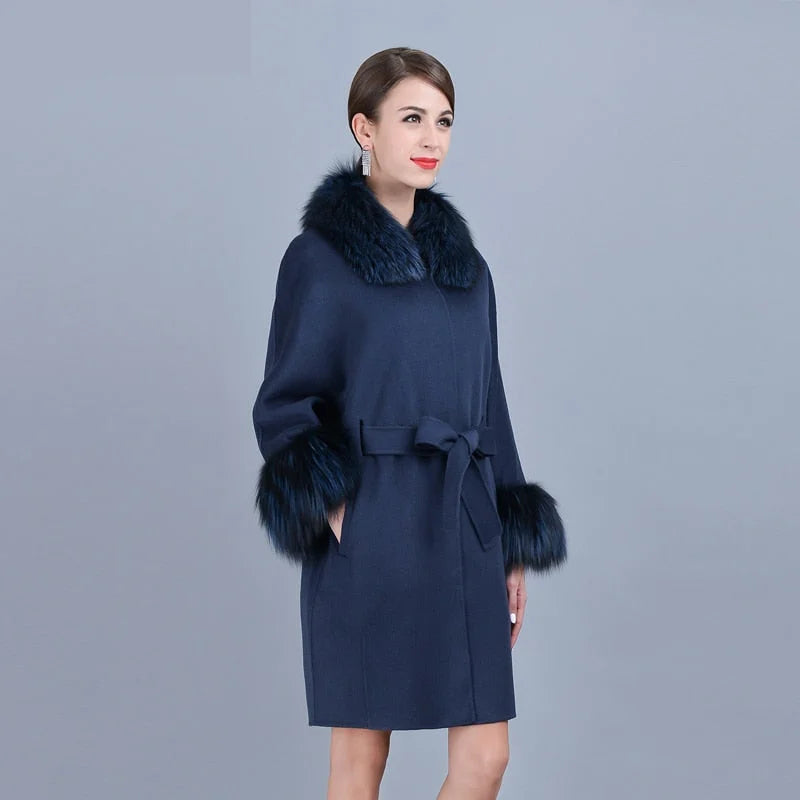 Women's Winter Cashmere Genuine Natural Real Fox Fur Sleeve Collar Jacket