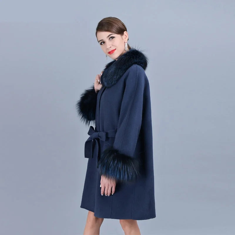 Women's Winter Cashmere Genuine Natural Real Fox Fur Sleeve Collar Jacket