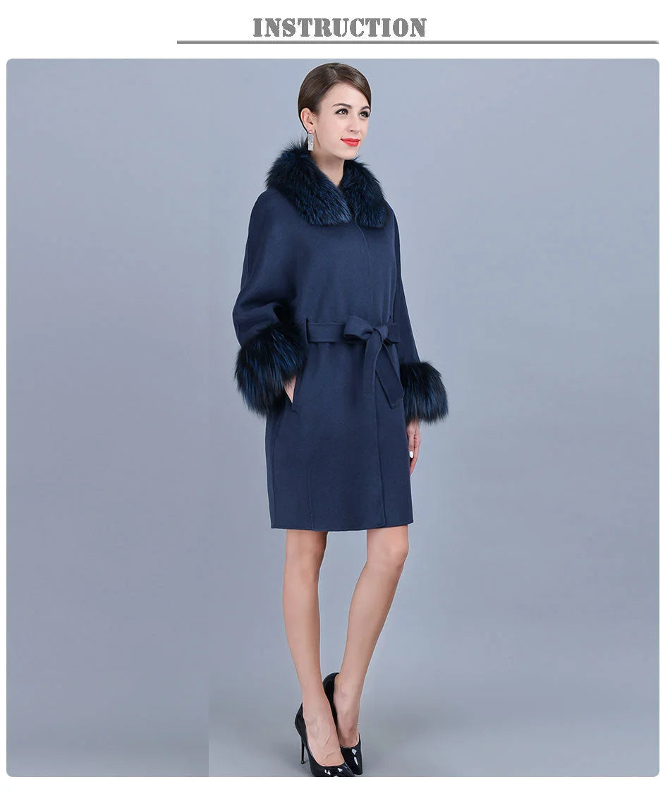 Women's Winter Cashmere Genuine Natural Real Fox Fur Sleeve Collar Jacket