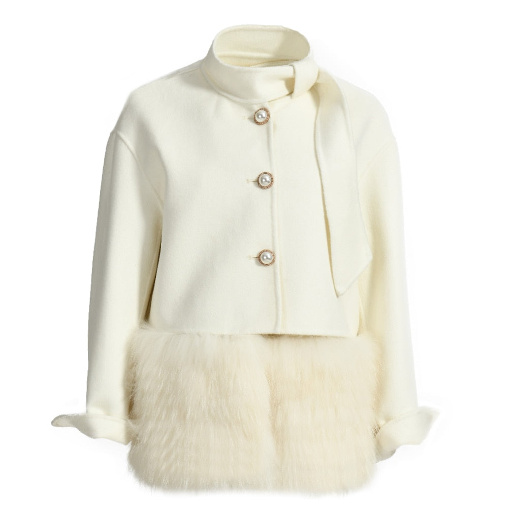 Women's Winter Cashmere Real Fur Decoration Vest and Jacket Two-Piece Set