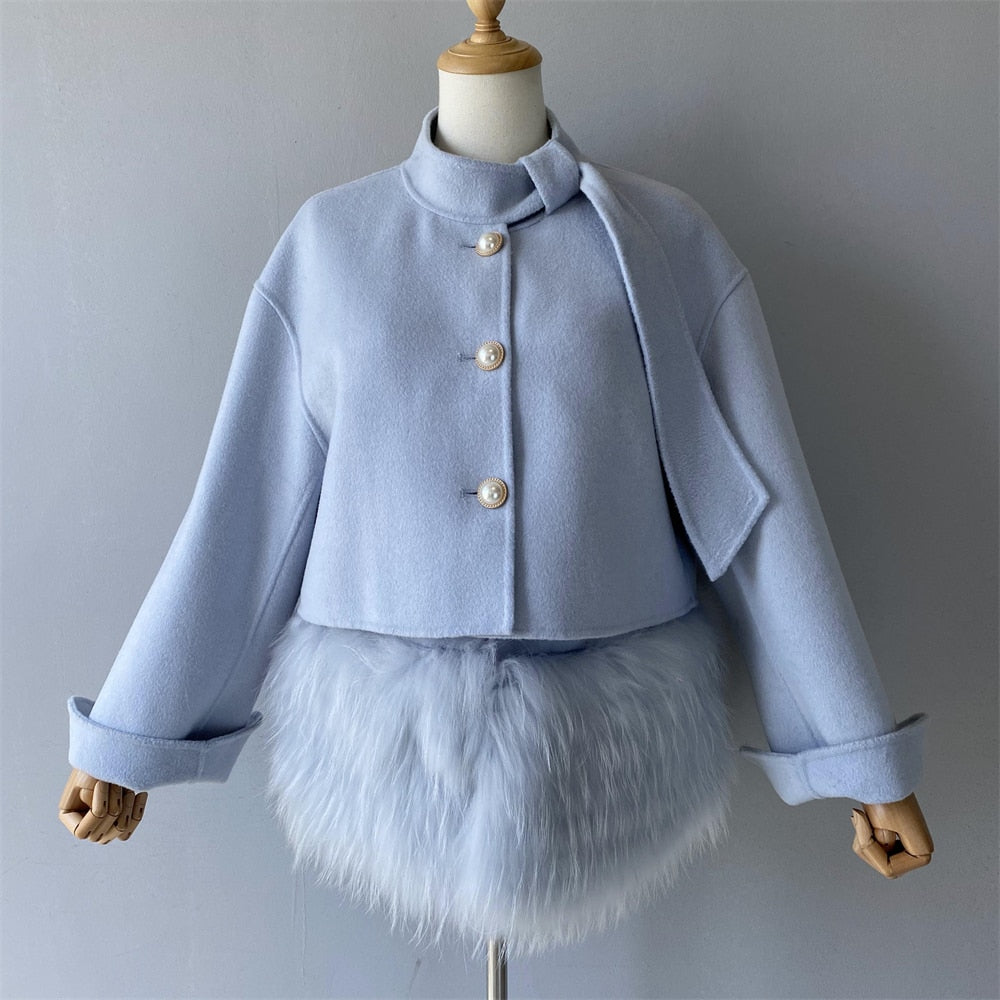 Women's Winter Cashmere Real Fur Decoration Vest and Jacket Two-Piece Set