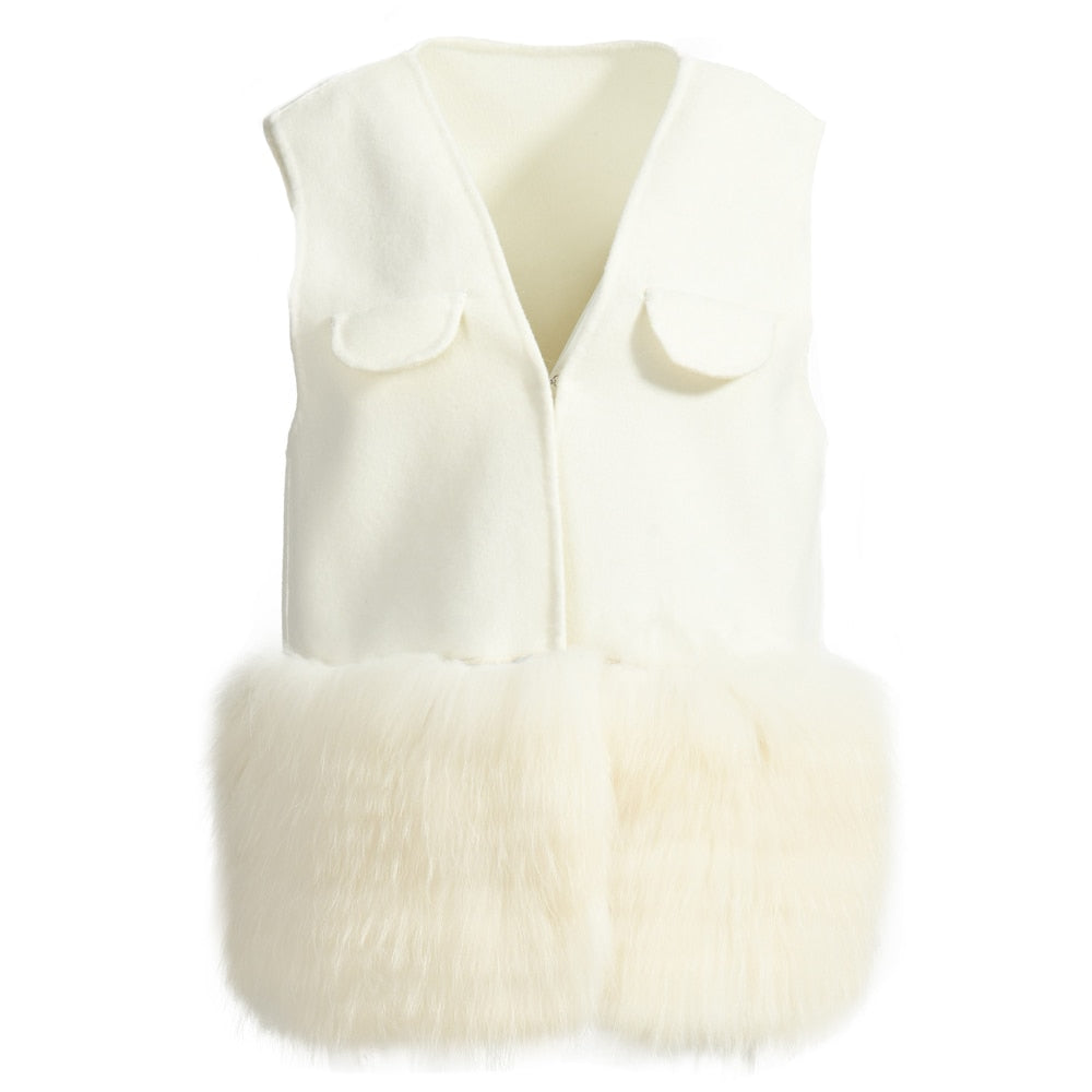 Women's Winter Cashmere Real Fur Decoration Vest and Jacket Two-Piece Set