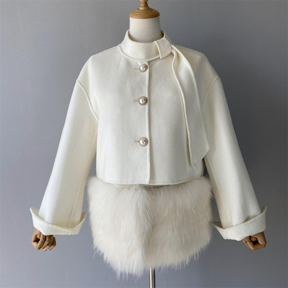 Women's Winter Cashmere Real Fur Decoration Vest and Jacket Two-Piece Set