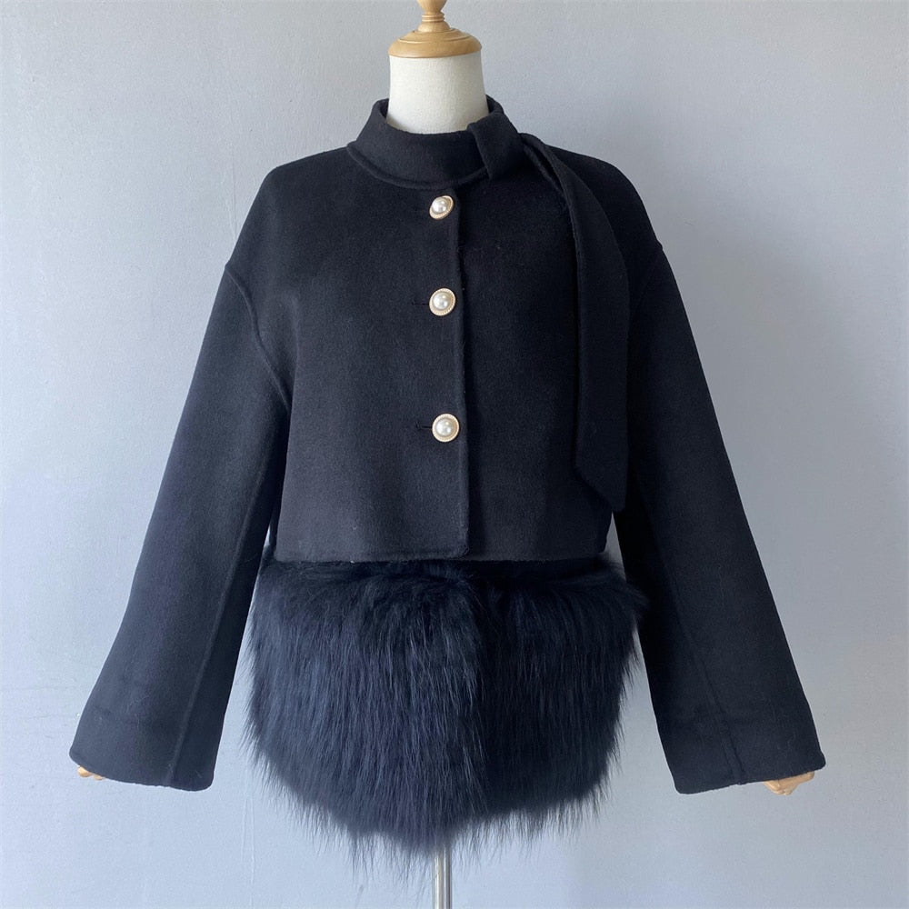 Women's Winter Cashmere Real Fur Decoration Vest and Jacket Two-Piece Set