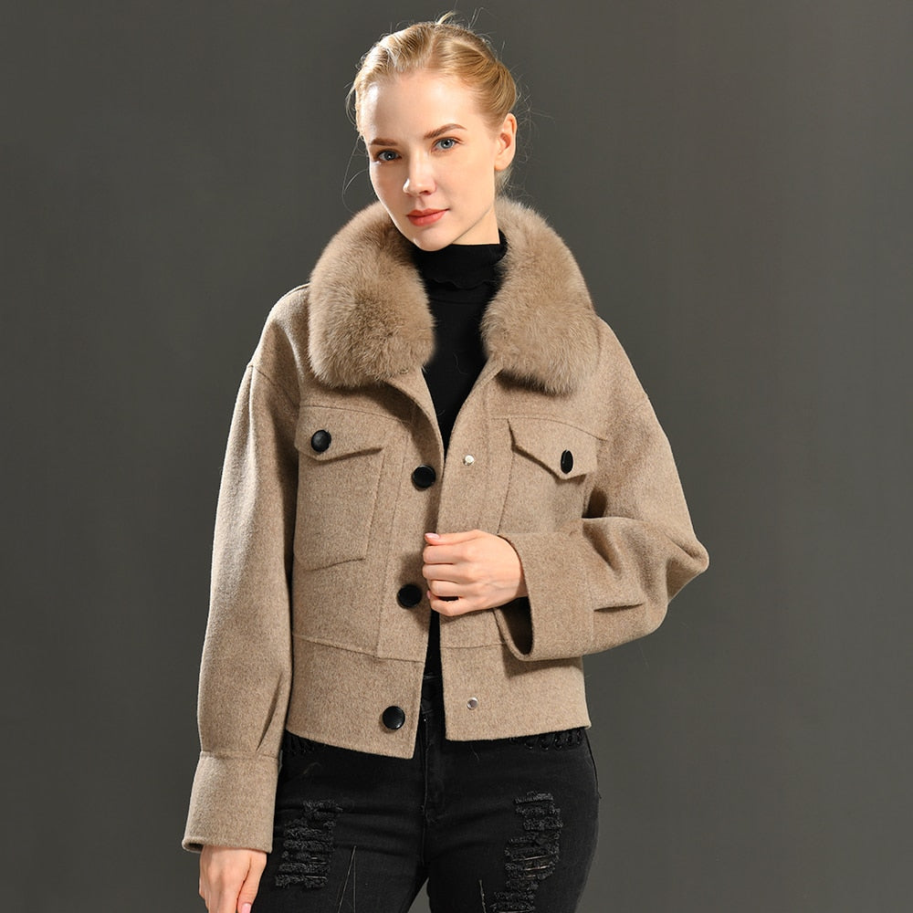 Women's Winter Cashmere Wool Fur Collar Full Sleeves Pockets Crop Jackets