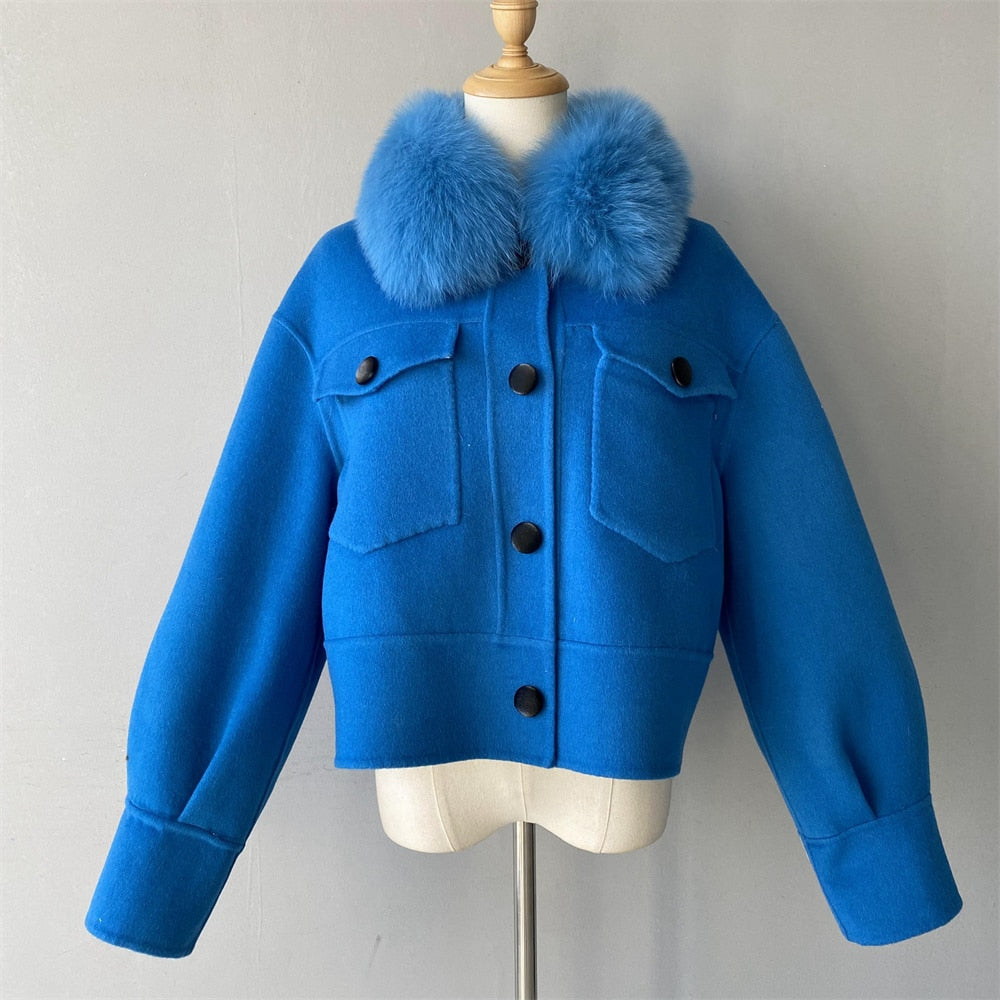 Women's Winter Cashmere Wool Fur Collar Full Sleeves Pockets Crop Jackets