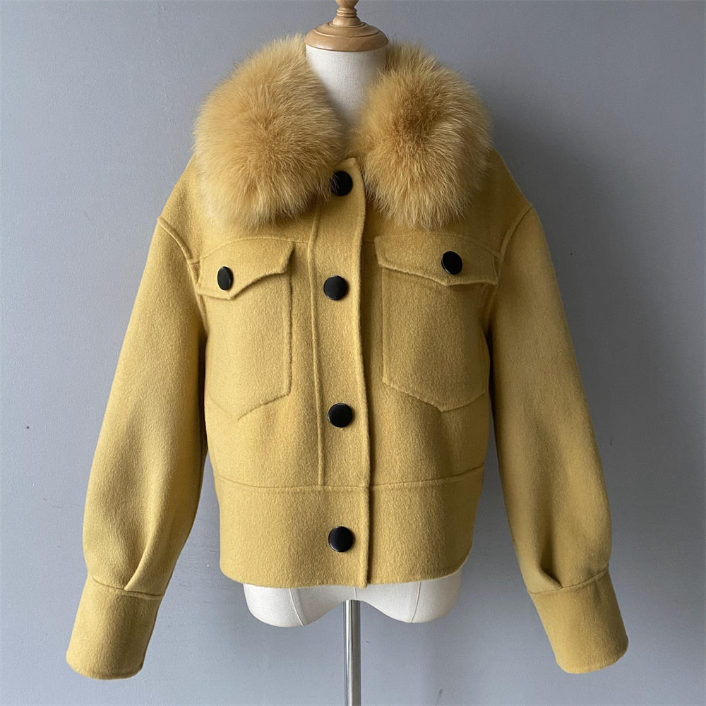 Women's Winter Cashmere Wool Fur Collar Full Sleeves Pockets Crop Jackets