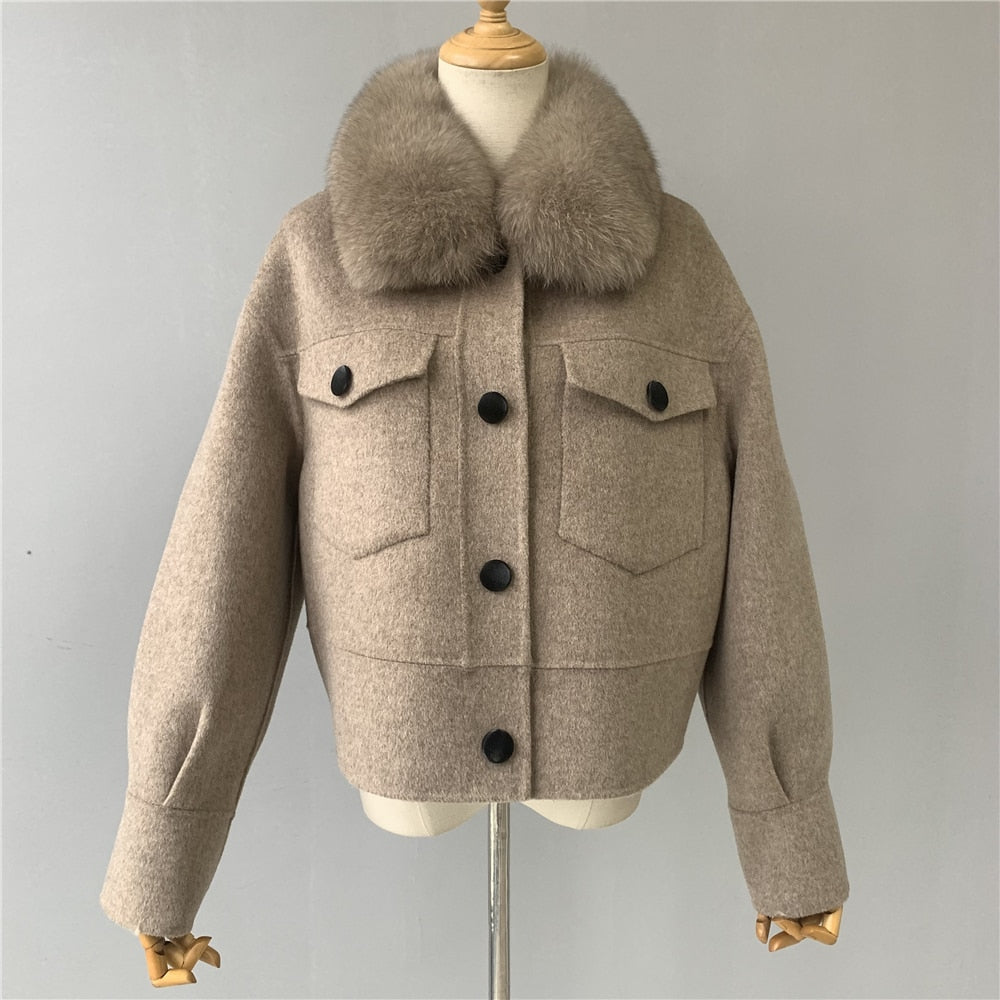 Women's Winter Cashmere Wool Fur Collar Full Sleeves Pockets Crop Jackets