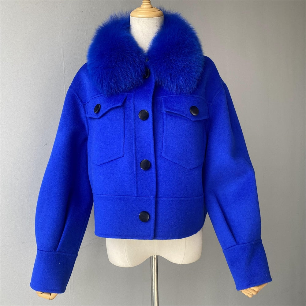 Women's Winter Cashmere Wool Fur Collar Full Sleeves Pockets Crop Jackets