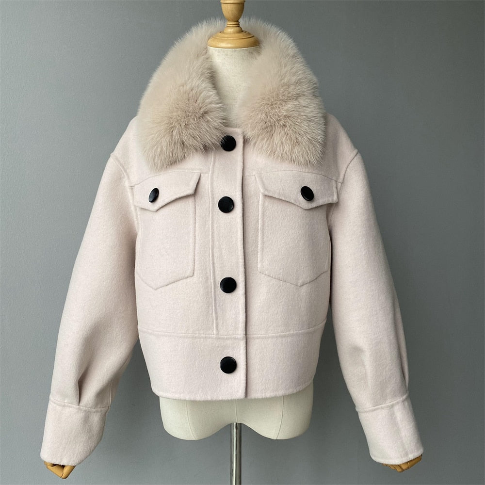 Women's Winter Cashmere Wool Fur Collar Full Sleeves Pockets Crop Jackets