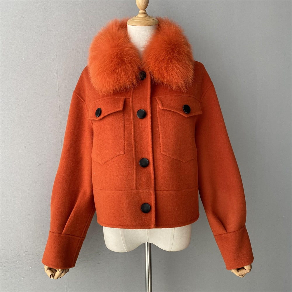 Women's Winter Cashmere Wool Fur Collar Full Sleeves Pockets Crop Jackets