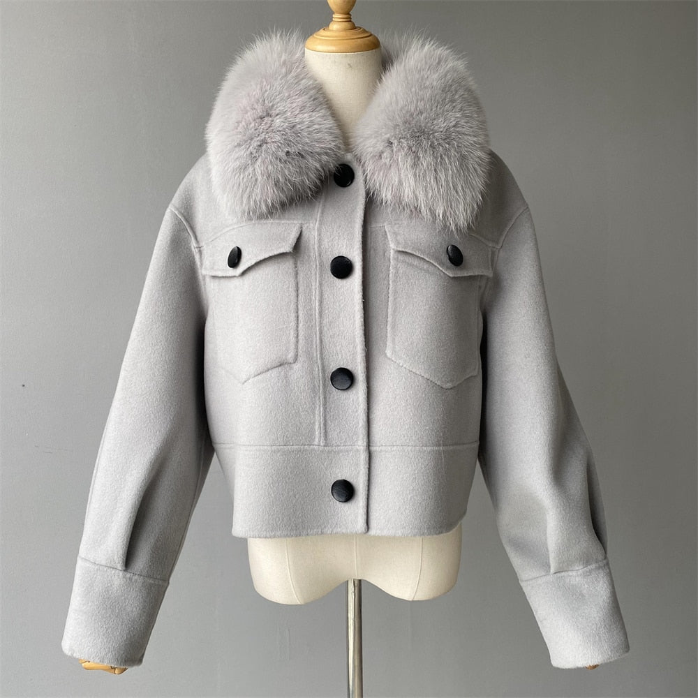 Women's Winter Cashmere Wool Fur Collar Full Sleeves Pockets Crop Jackets