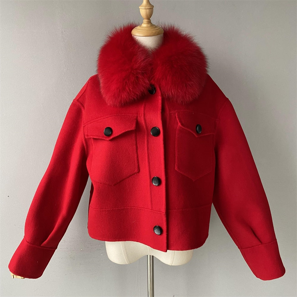 Women's Winter Cashmere Wool Fur Collar Full Sleeves Pockets Crop Jackets