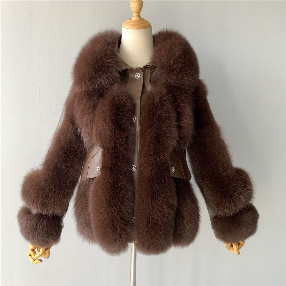 Women's Winter Genuine Sheepskin Leather Fox Fur Thick Big Jacket