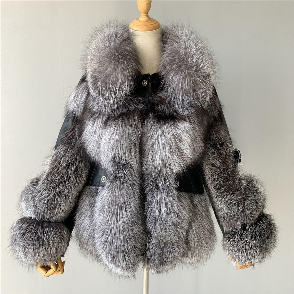 Women's Winter Genuine Sheepskin Leather Fox Fur Thick Big Jacket