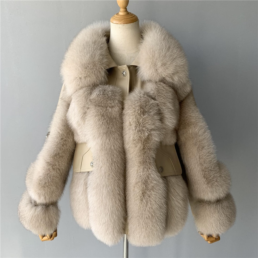 Women's Winter Genuine Sheepskin Leather Fox Fur Thick Big Jacket