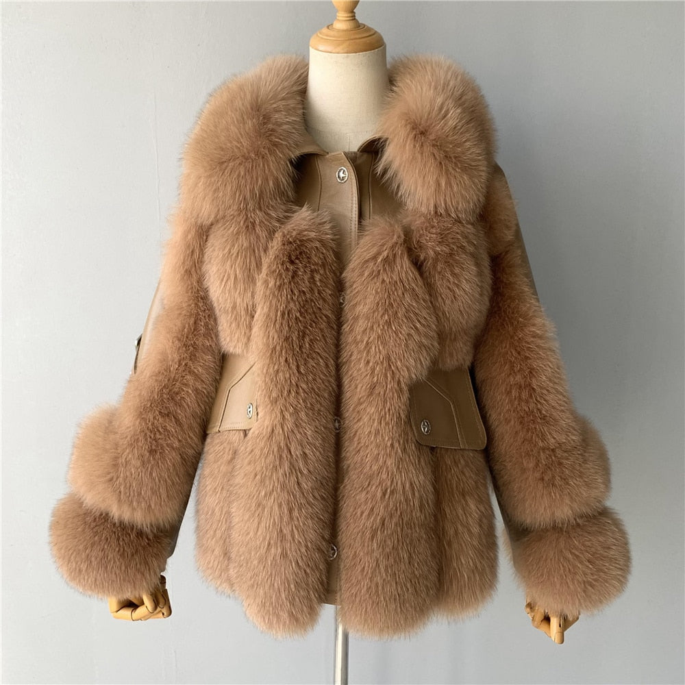 Women's Winter Genuine Sheepskin Leather Fox Fur Thick Big Jacket