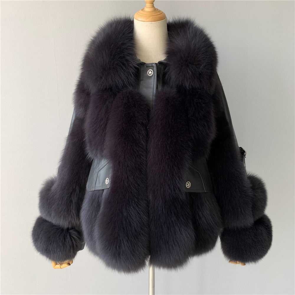 Women's Winter Genuine Sheepskin Leather Fox Fur Thick Big Jacket