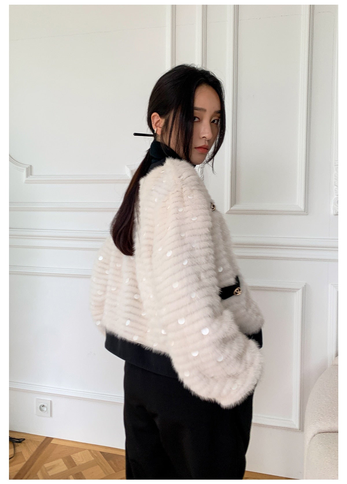 Women's Winter Natural Mink Fur Sequin Decoration Knitted Jackets