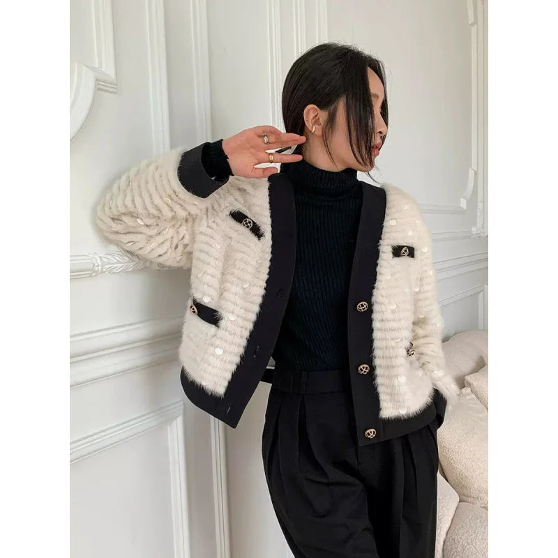 Women's Winter Natural Mink Fur Sequin Decoration Knitted Jackets