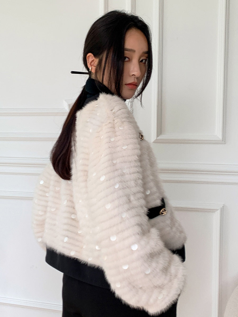 Women's Winter Natural Mink Fur Sequin Decoration Knitted Jackets