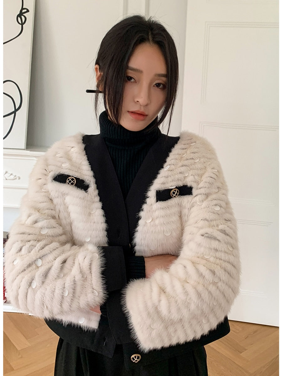 Women's Winter Natural Mink Fur Sequin Decoration Knitted Jackets